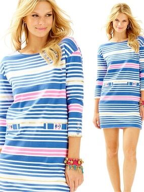 Lilly Pulitzer Lena Lapis Blue Stripedw Boatneck Shift Dress in Blue, Pink, Gold